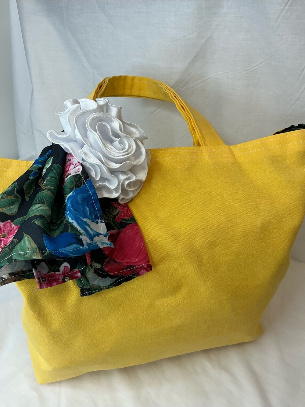 2034 - Handmade Sunny Yellow Canvas Tote with Floral Scarf and Rosette - Picture 7 of 16